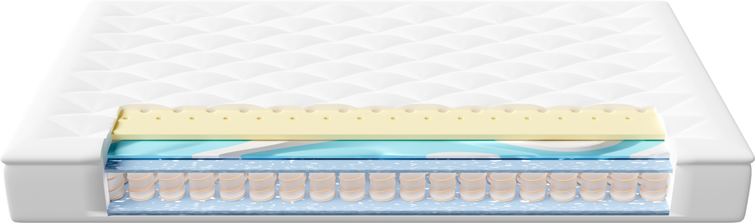 3d layered sheet material mattress with air fabric, pocket springs, natural latex, memory foam isolated. 3d render illustration